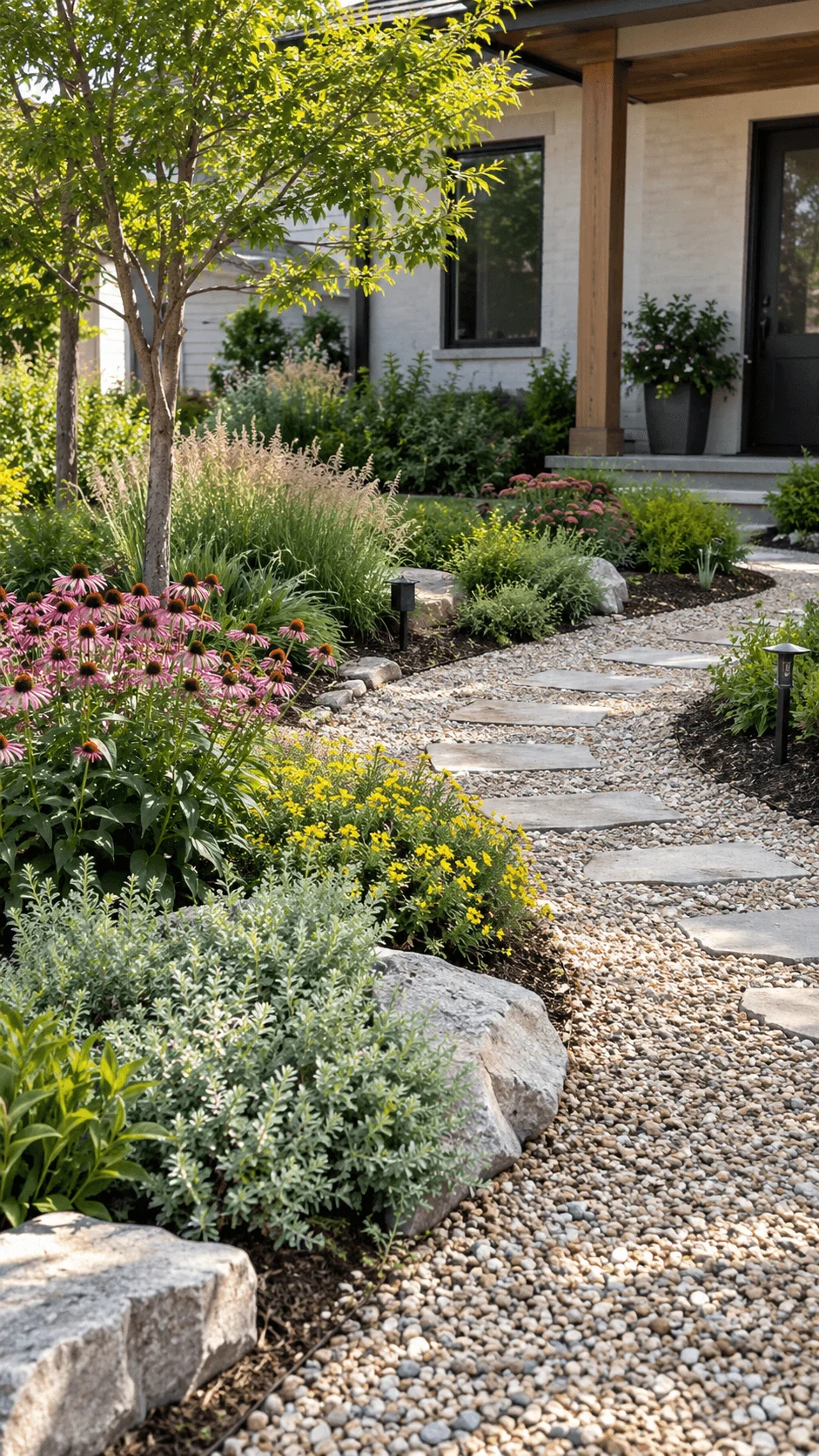 Eco friendly garden without grass featuring gravel pathways, stepping stones, native flowers, ornamental grasses, shrubs, natural rocks, and low maintenance landscaping