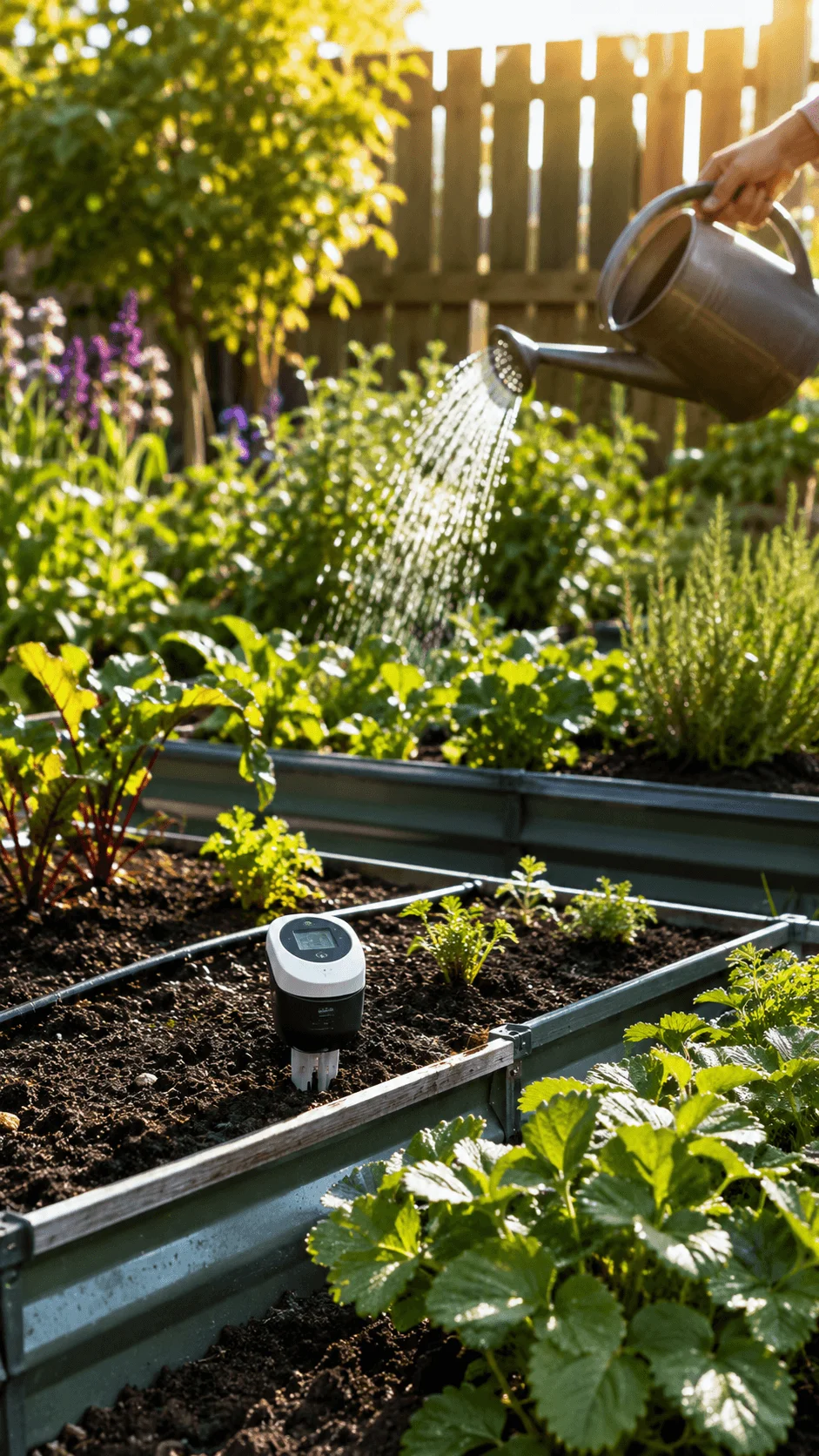 Precision gardening with soil moisture sensor raised garden beds and targeted watering for smart water management
