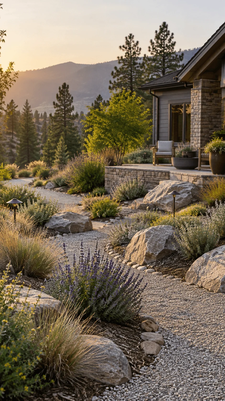Fire conscious climate resilient xeriscape garden with drought tolerant plants ornamental grasses purple flowers natural boulders gravel path and mountain home landscape