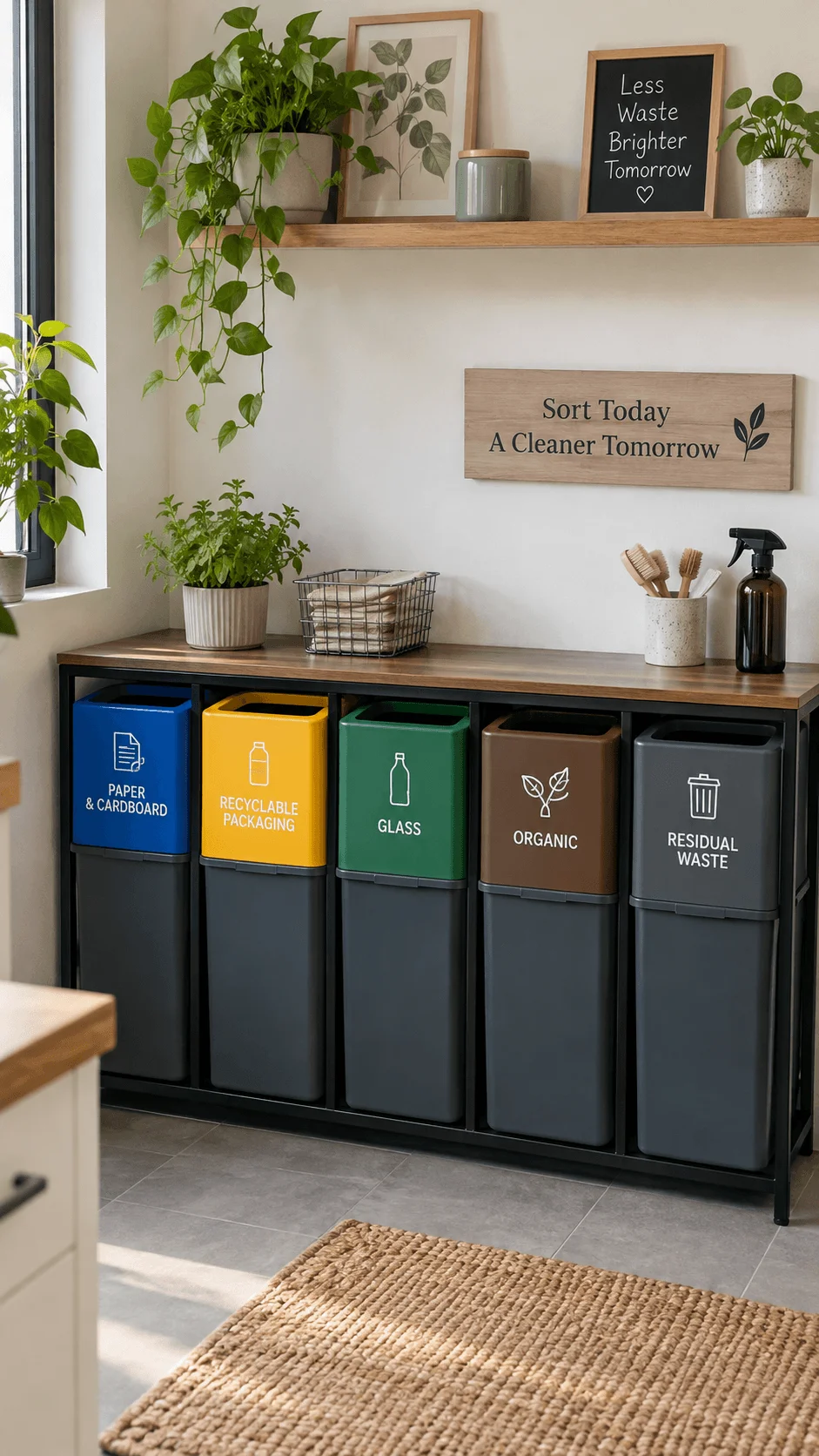 Five stream zero waste sorting station with separate bins for paper cardboard recyclable packaging glass organic materials and residual waste
