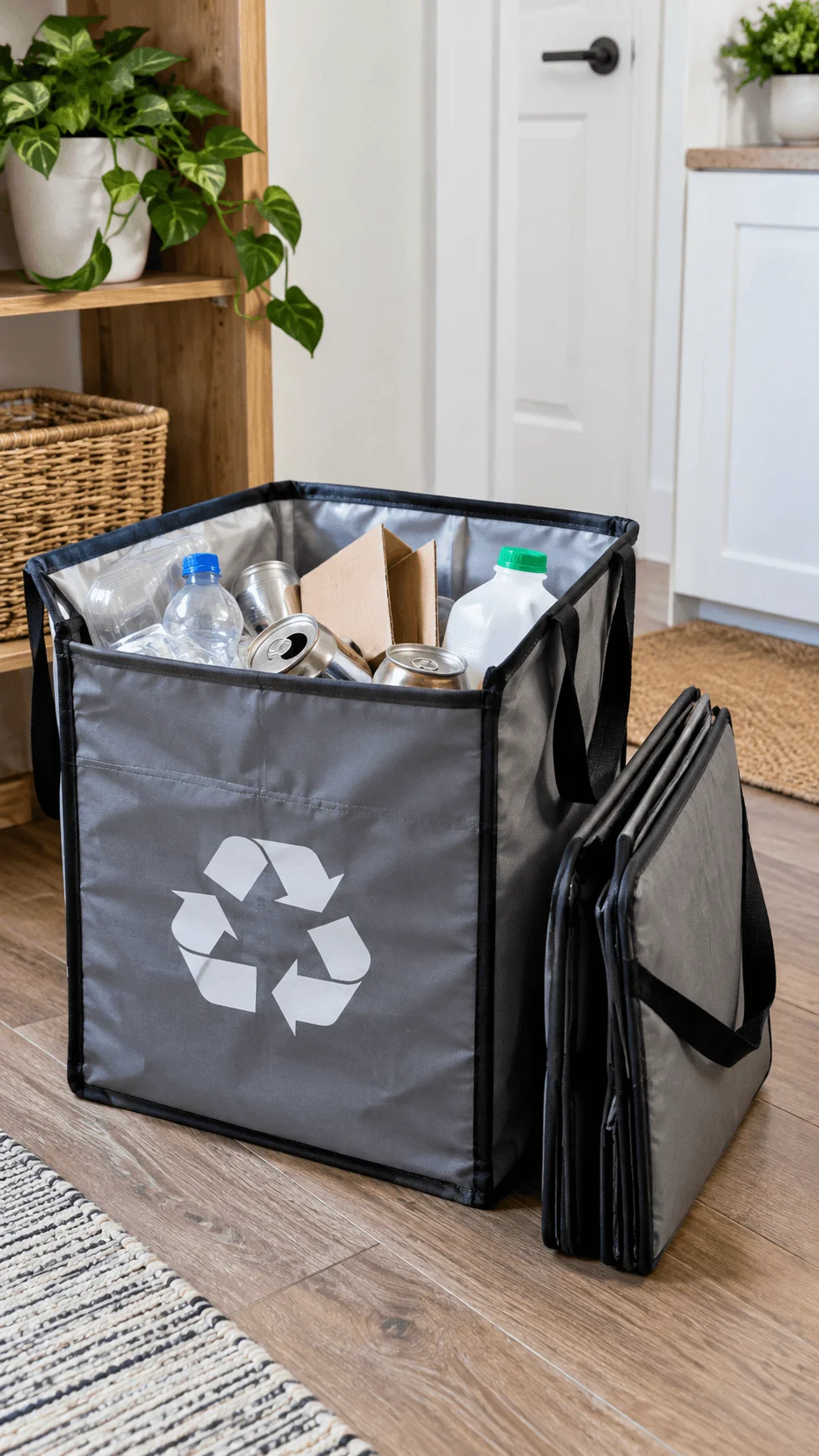Foldable recycling basket filled with plastic bottles cans and cardboard beside collapsed reusable sorting baskets in a modern home