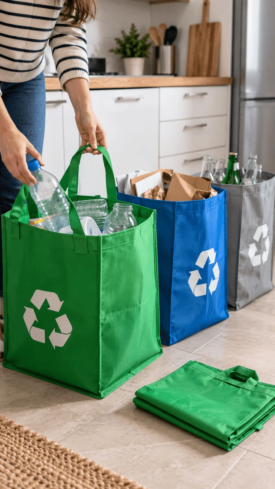 Foldable reusable recycling bags with handles filled with plastic bottles cardboard and glass containers in a modern kitchen