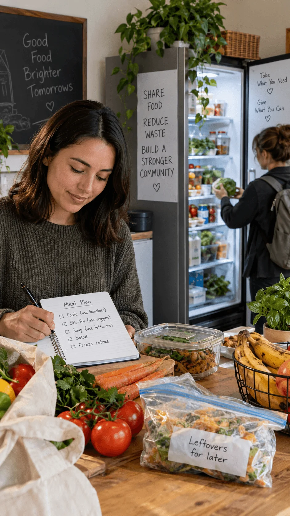 Food rescue and waste reduction with meal planning fresh vegetables stored leftovers and a community refrigerator for sharing surplus food