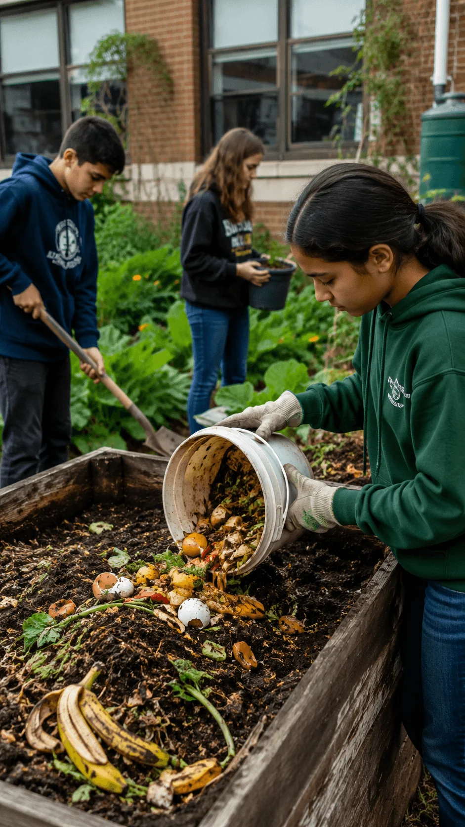 High school students adding food scraps to a compost garden while learning about decomposition soil health and sustainable waste management
