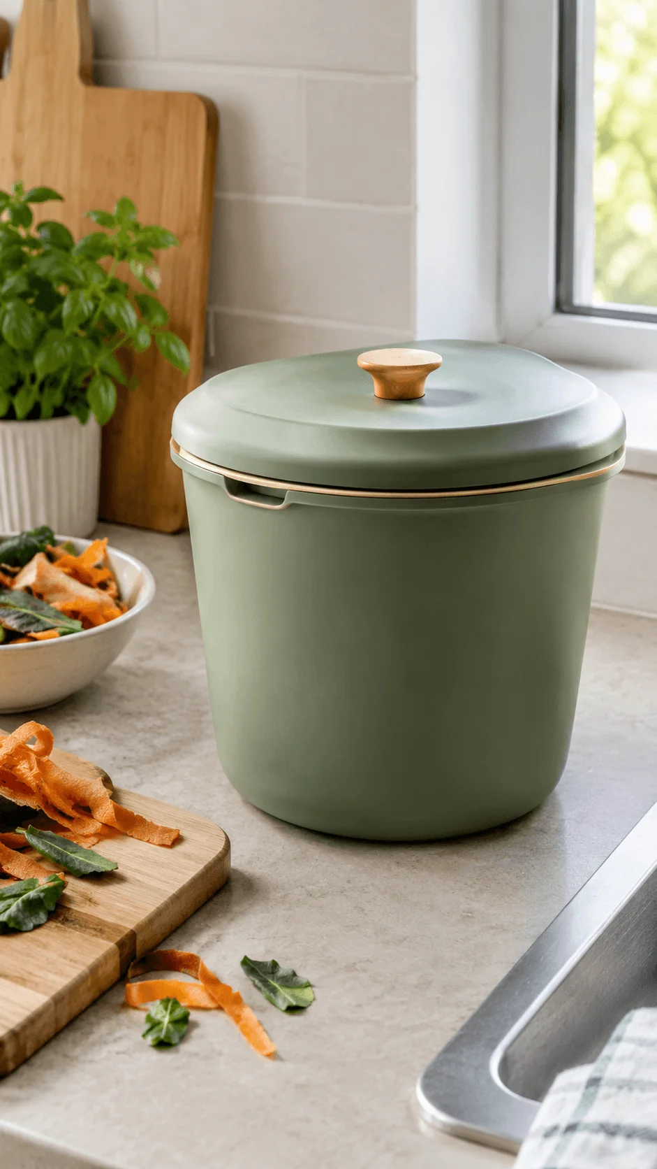 Lidded kitchen food waste bowl for collecting vegetable peels and food scraps on a countertop