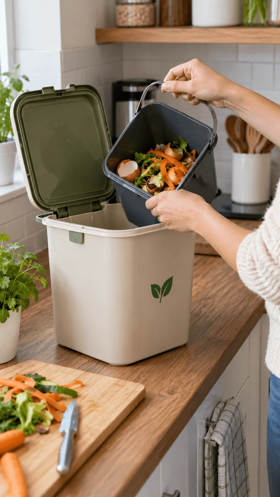 Food waste sorting container with a removable caddy filled with vegetable scraps and eggshells on a modern kitchen countertop