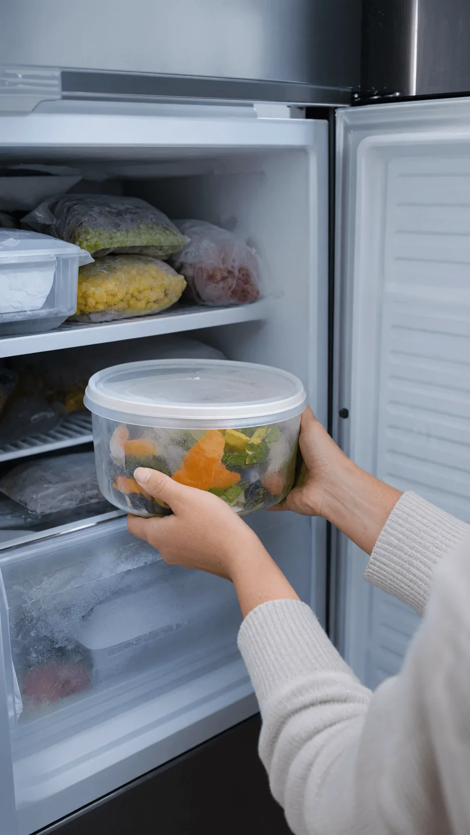 Food scrap collection bowl stored in a freezer with chopped vegetables and food waste inside