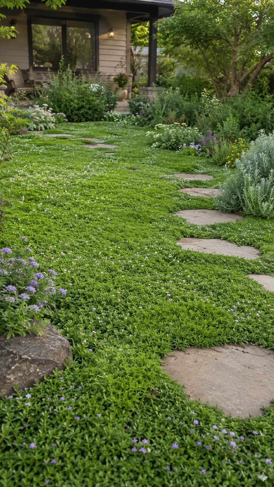 Frogfruit ground cover forming a lush green living lawn with tiny purple flowers and natural stone stepping paths in a landscaped garden
