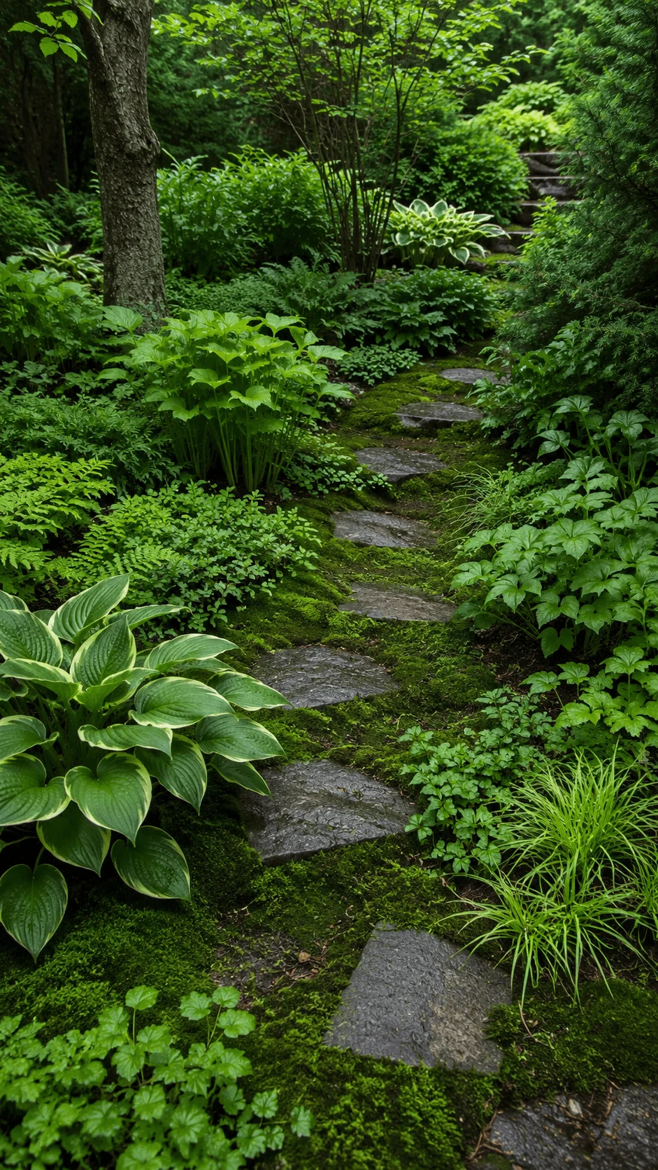Green on green ground cover garden with moss hostas ferns and layered foliage surrounding a natural stone pathway