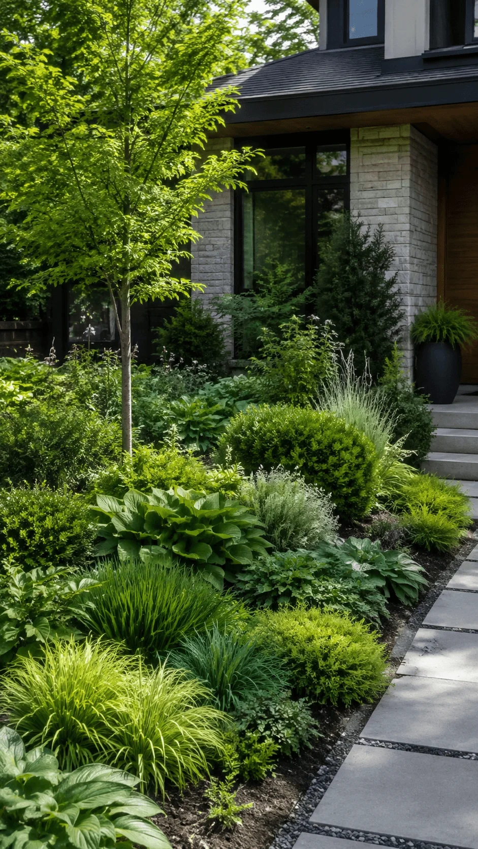 Green on green native layered front yard garden with lush foliage ornamental grasses shrubs and small tree beside a modern stone pathway