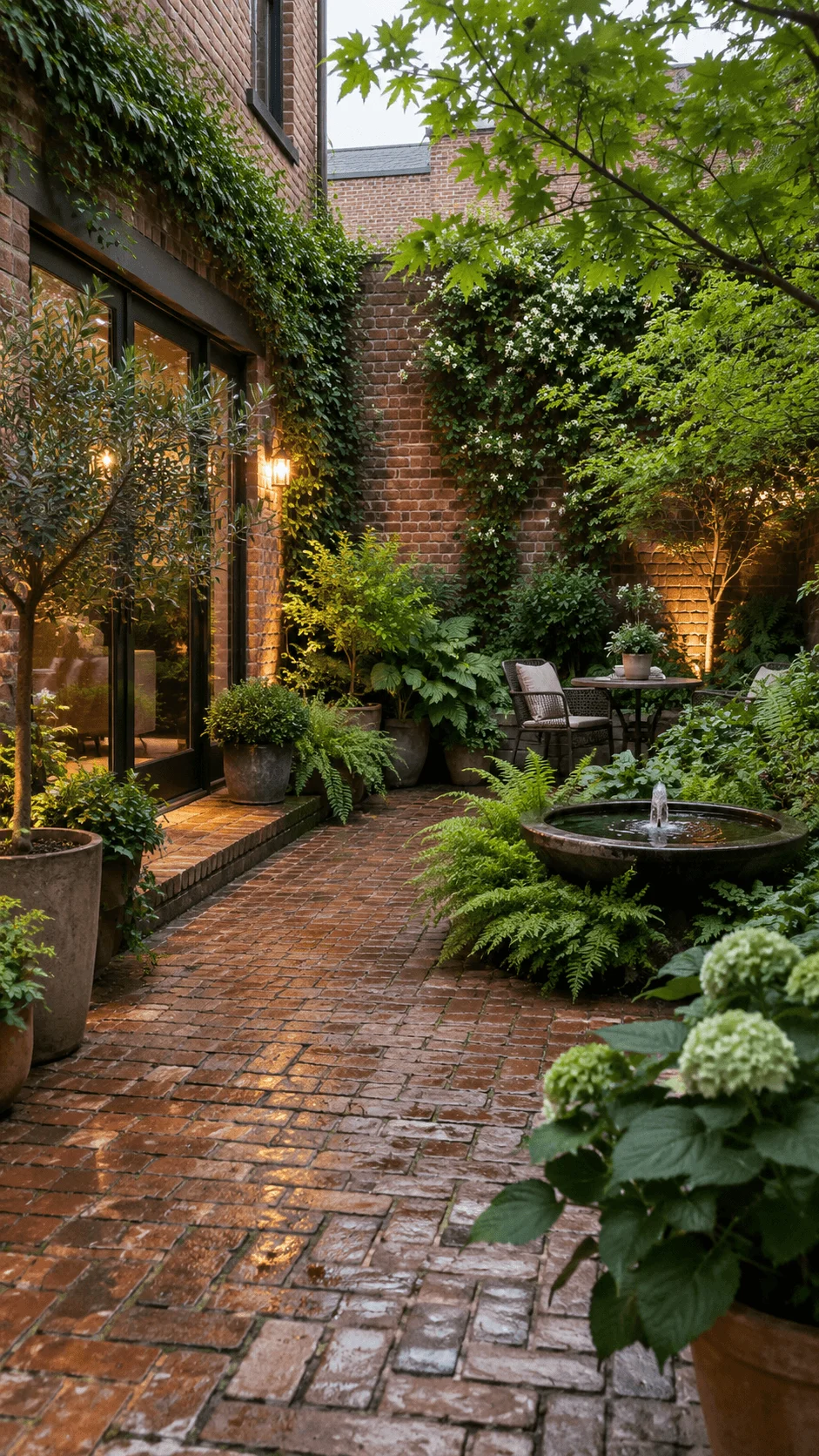 Green on green reclaimed brick courtyard filled with lush trees climbing plants ferns potted greenery a small fountain and cozy outdoor seating