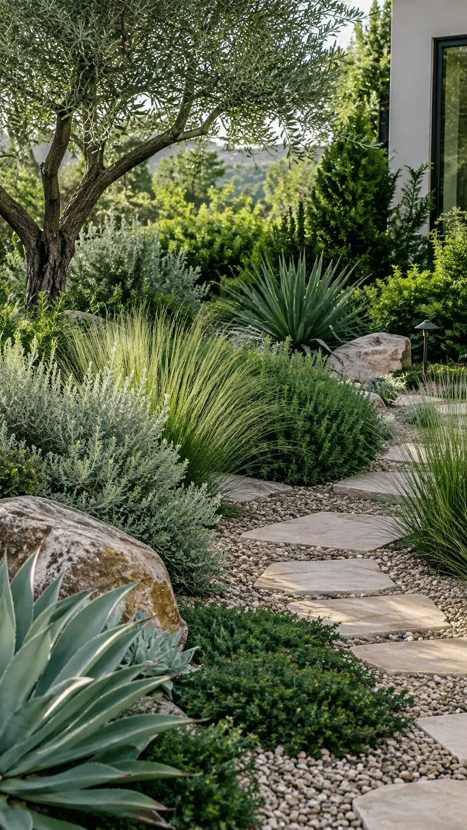 Green on green sustainable xeriscape garden with drought tolerant shrubs ornamental grasses agave natural boulders gravel and a stone stepping path