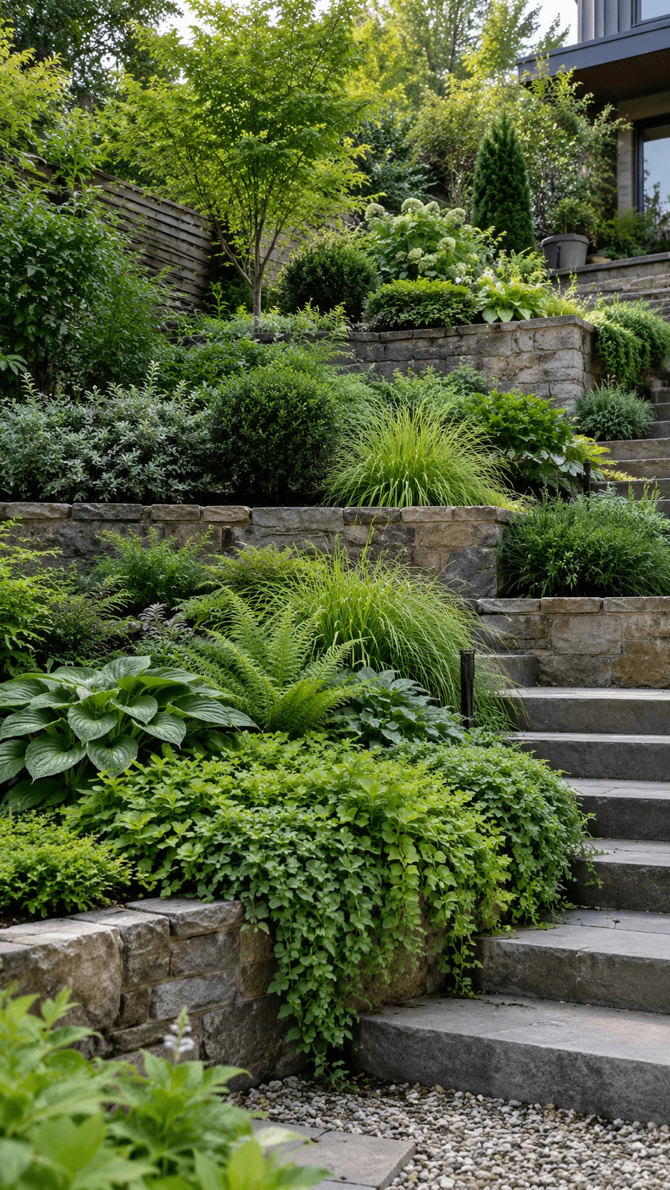 Green on green terraced garden with layered foliage, ornamental grasses, ferns, shrubs, ground covers, natural stone retaining walls, and stone steps in a lush sustainable backyard