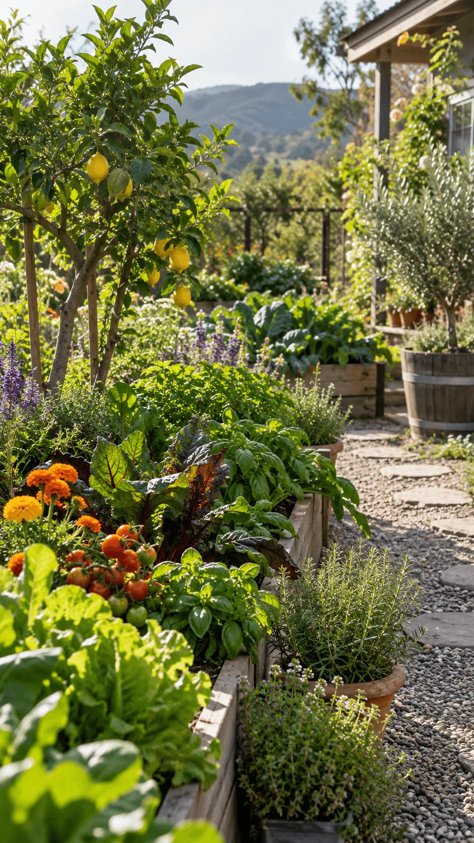 Climate resilient edible garden with lemon tree, tomatoes, leafy vegetables, herbs, flowering plants, raised garden beds and a natural stone pathway
