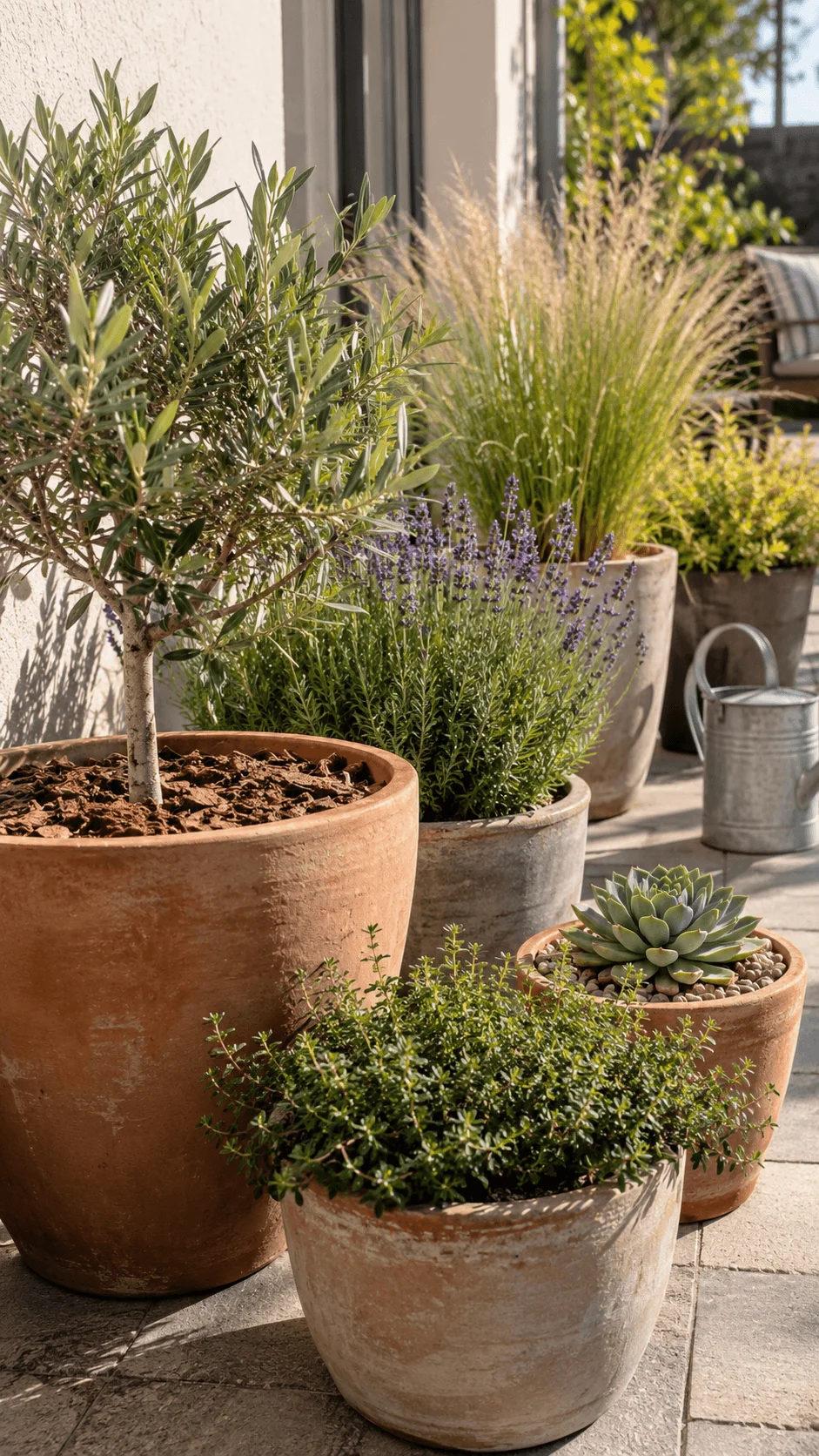 Climate resilient container garden with drought tolerant olive tree lavender ornamental grasses thyme and succulent plants in large pots on a sunny patio