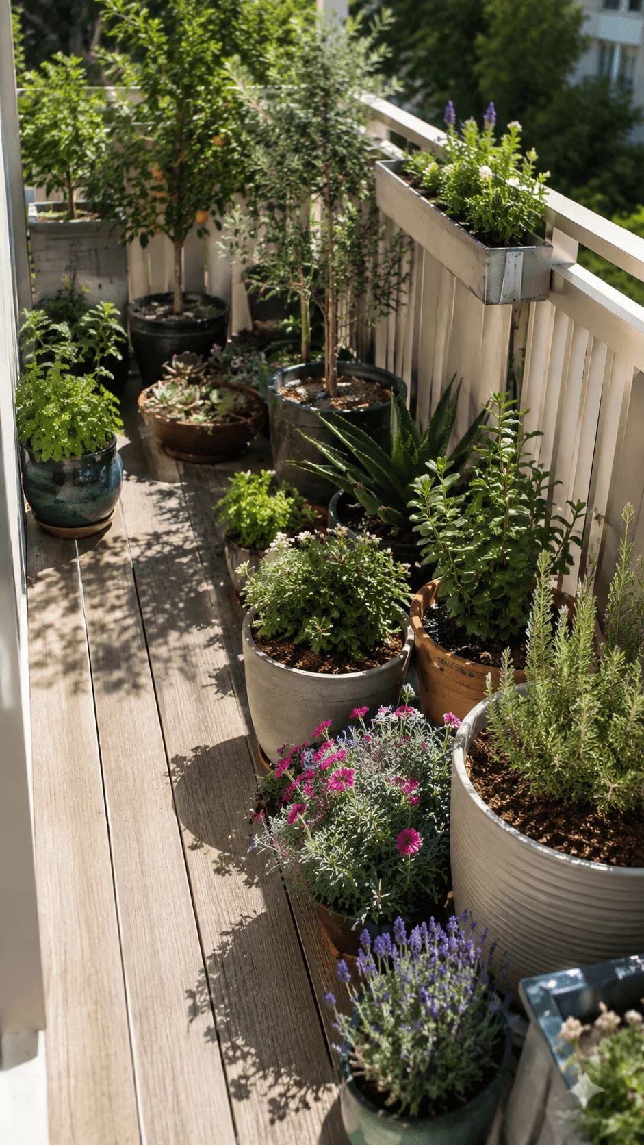Climate resilient container garden on a sunny balcony with drought tolerant plants herbs lavender succulents and small trees in assorted pots