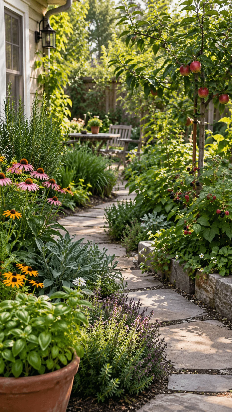 Foraging foliage garden with apple tree, berry bushes, fresh herbs, edible flowers, lush greenery and a natural stone pathway leading to a backyard seating area