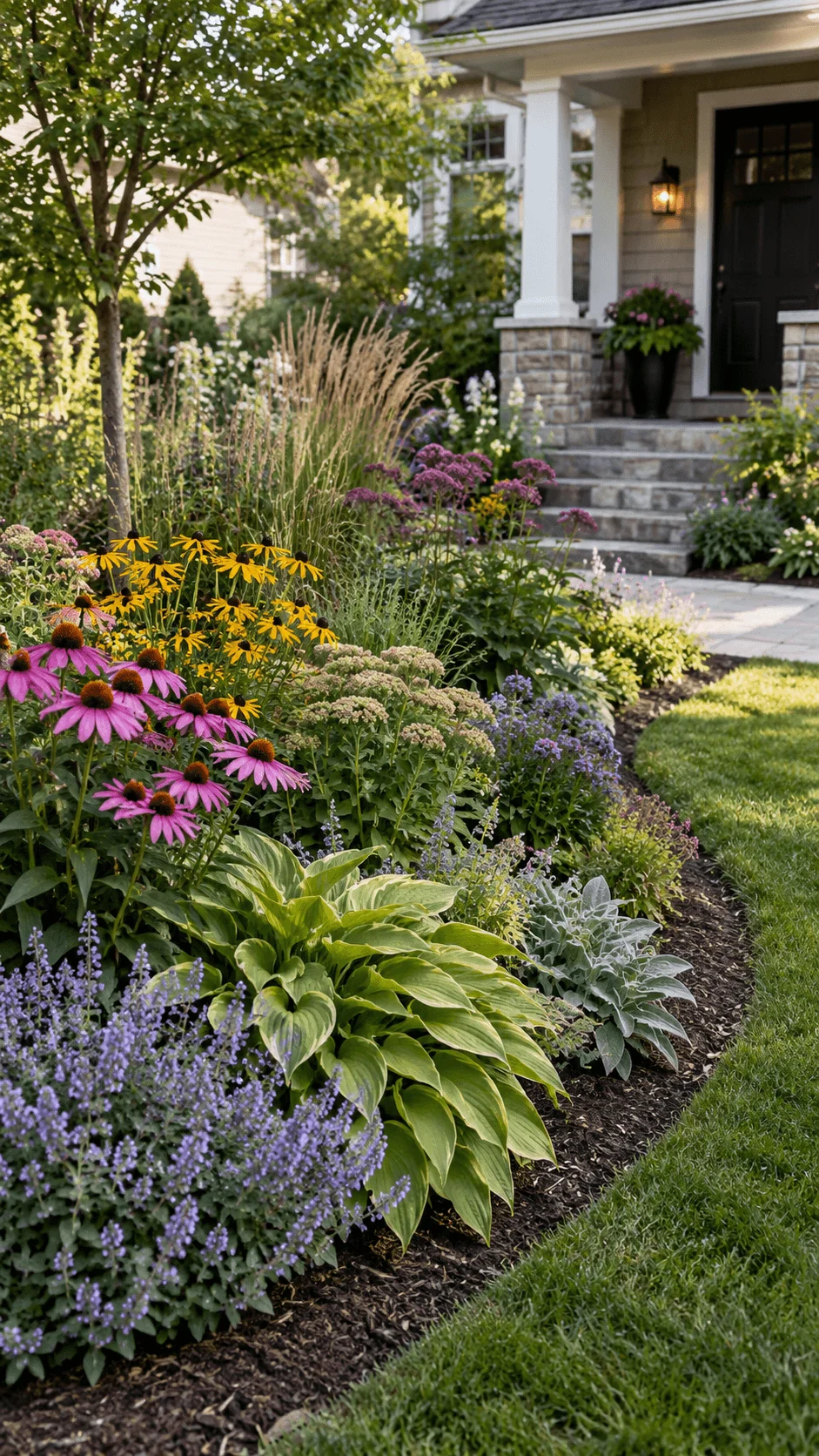 Low maintenance sustainable perennial garden with colorful coneflowers, black eyed Susans, hostas, ornamental grasses, layered flowering plants, and a neat front yard landscape