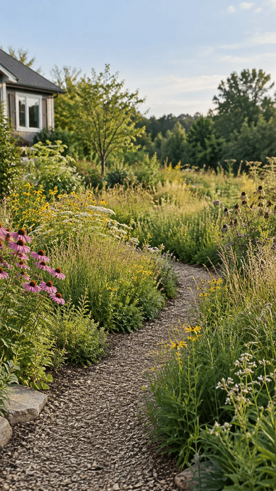 Mini native meadow replacing grass with colorful wildflowers native grasses seed heads and a winding natural path through a sunny wildlife friendly garden