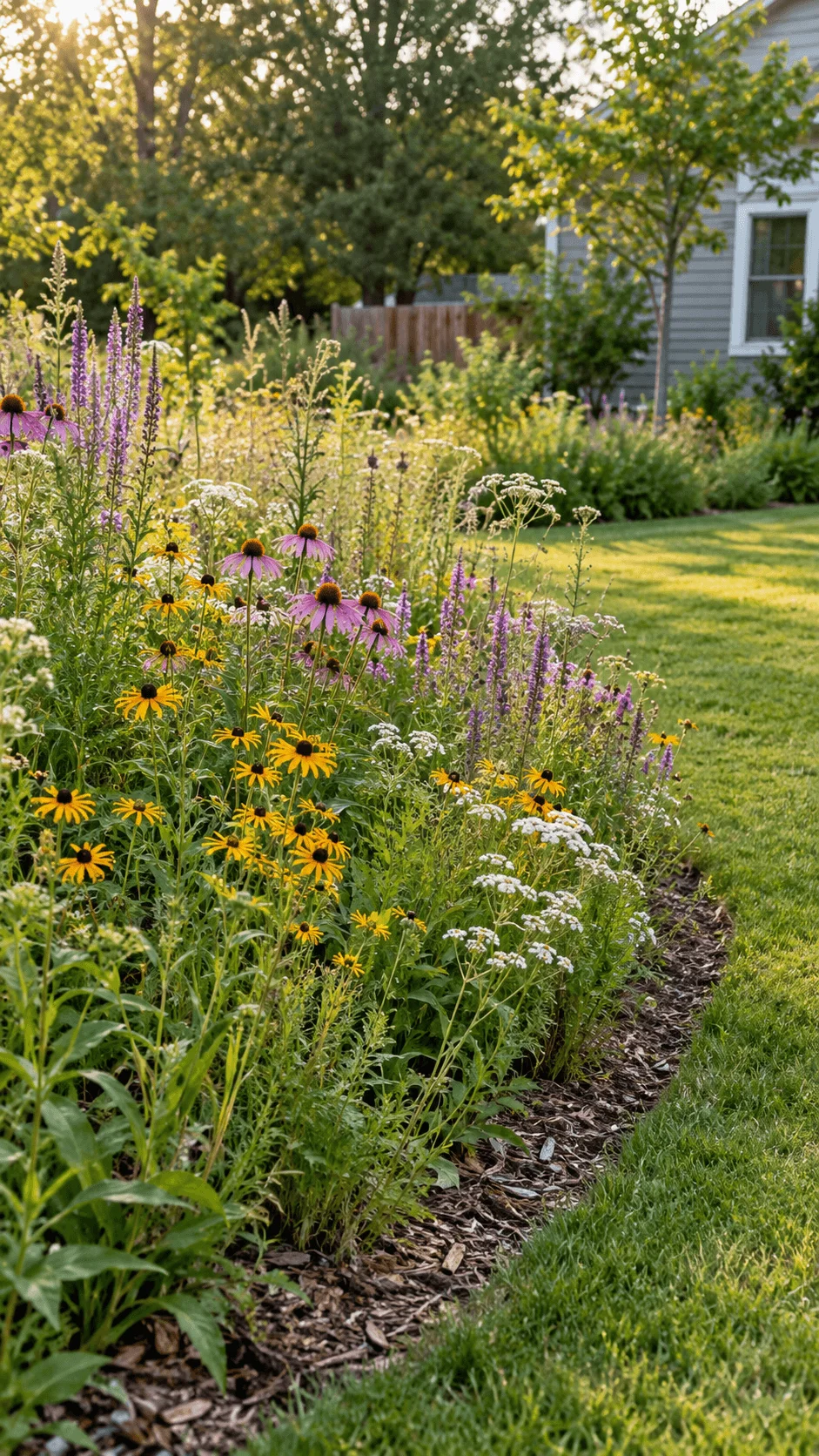 Native mini meadow grown from affordable seeds with coneflowers, black eyed Susans, purple wildflowers, and native grasses beside a green backyard lawn