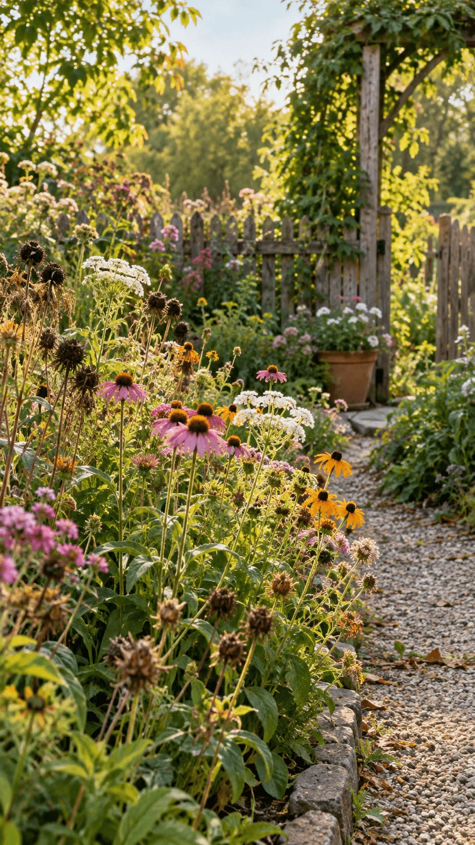 Self seeding eco friendly flower garden with pink coneflowers black eyed Susans white blooms mature seed heads lush foliage and a natural gravel path