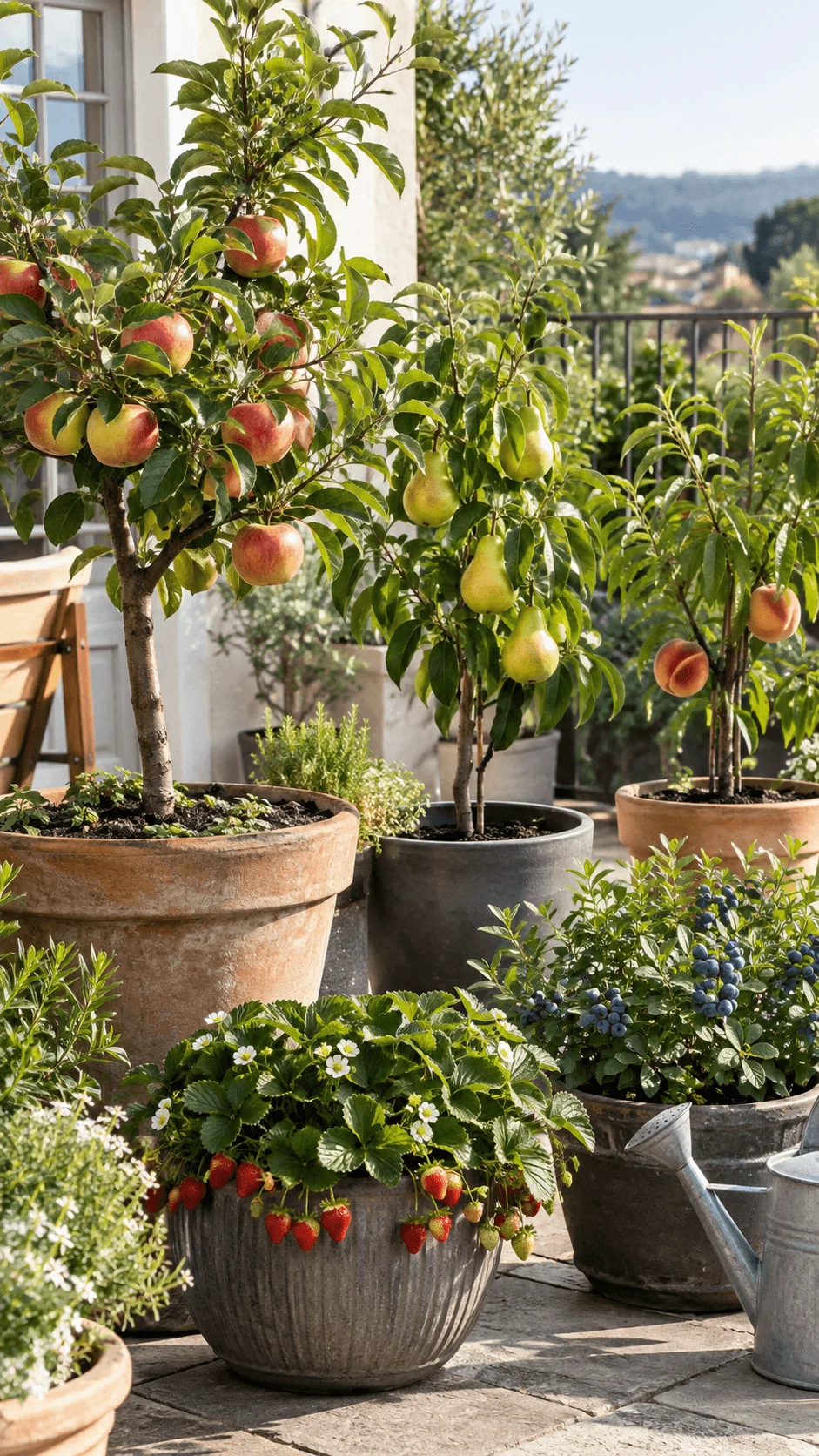 Sustainable mini orchard in pots with apple pear and peach trees strawberries blueberries herbs and a watering can on a sunny patio