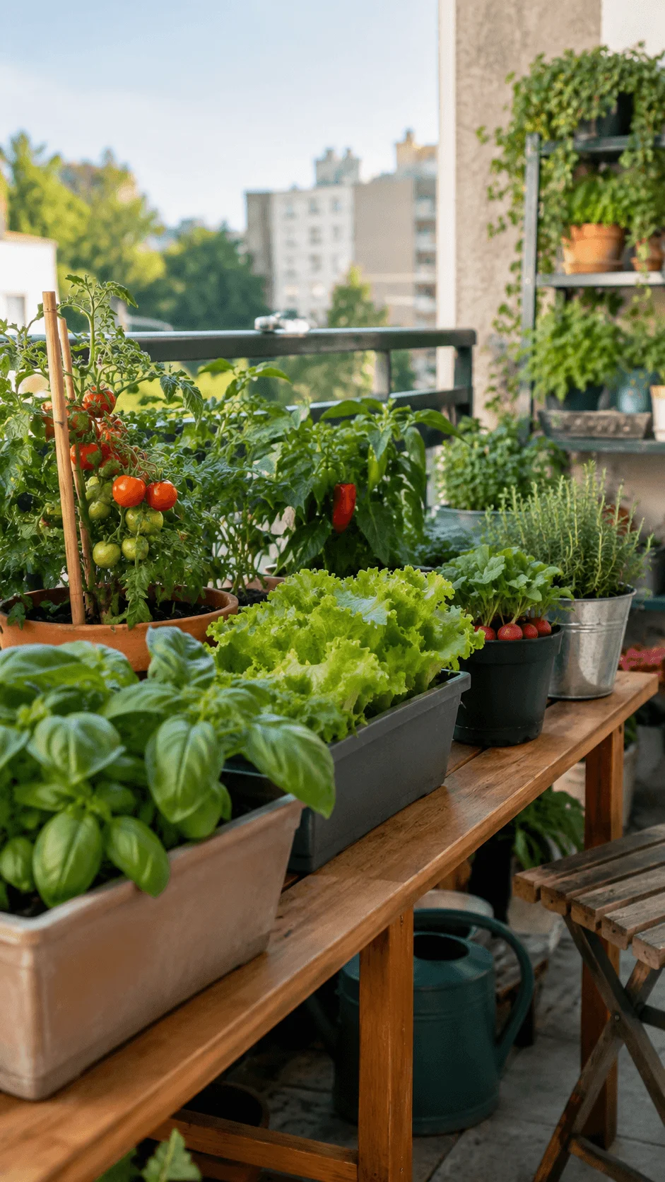 Tabletop vegetable garden on a sunny balcony with potted tomatoes, basil, lettuce, peppers, radishes, herbs, and a watering can