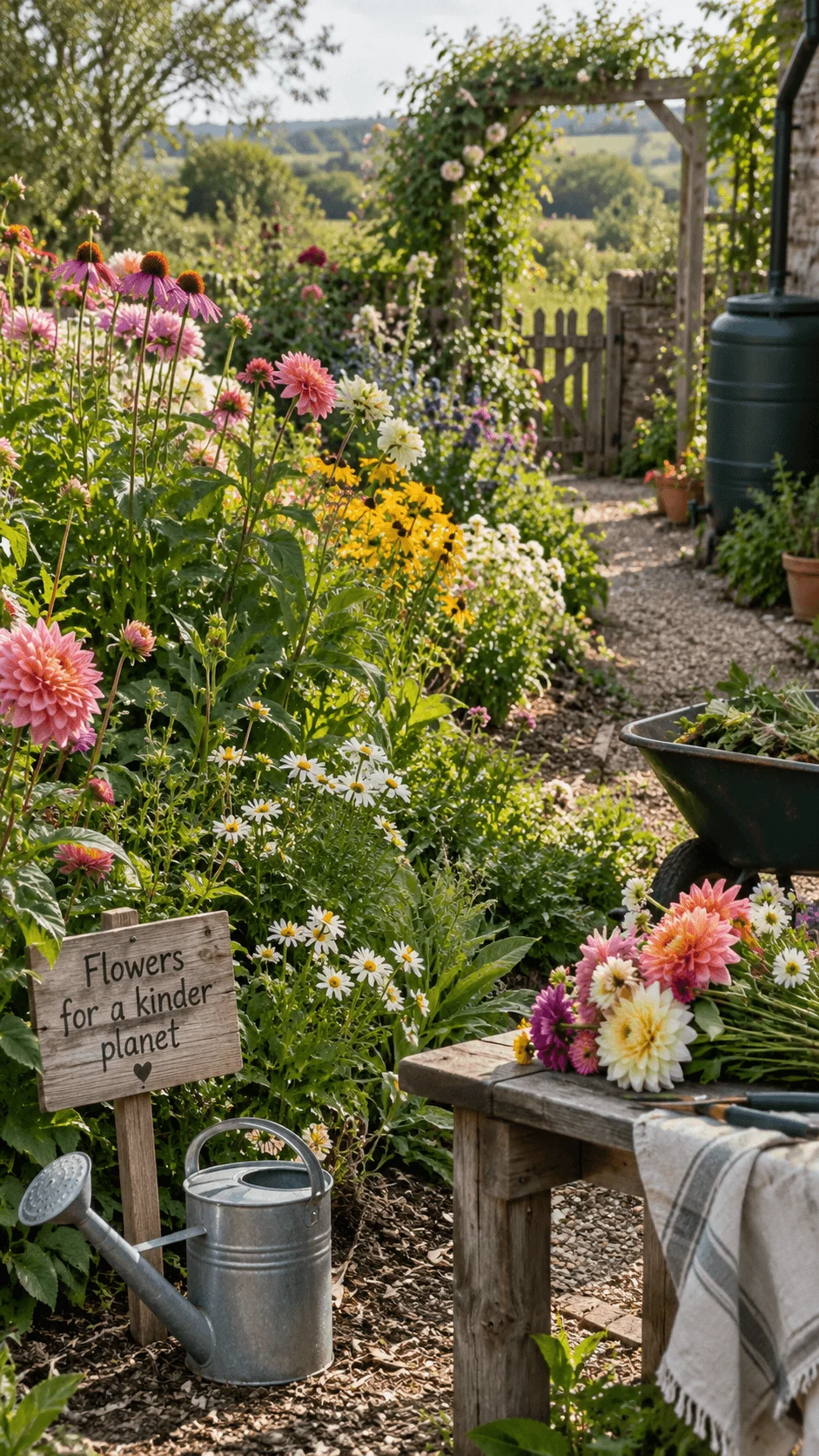 Eco friendly cutting flower garden with pink coneflowers dahlias white daisies yellow flowers a fresh bouquet watering can rain barrel and rustic garden path