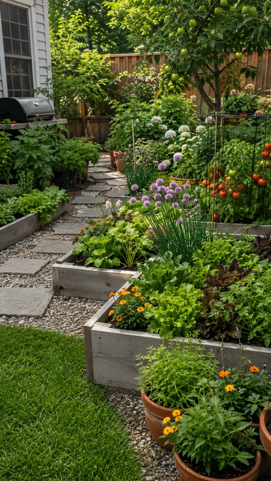 Eco friendly edible backyard garden with raised vegetable beds herbs tomatoes fruit tree flowers and natural stone pathway