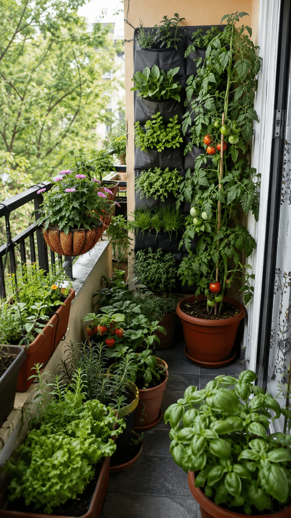 Edible micro garden on a small balcony with tomatoes strawberries lettuce basil rosemary herbs and vertical planters