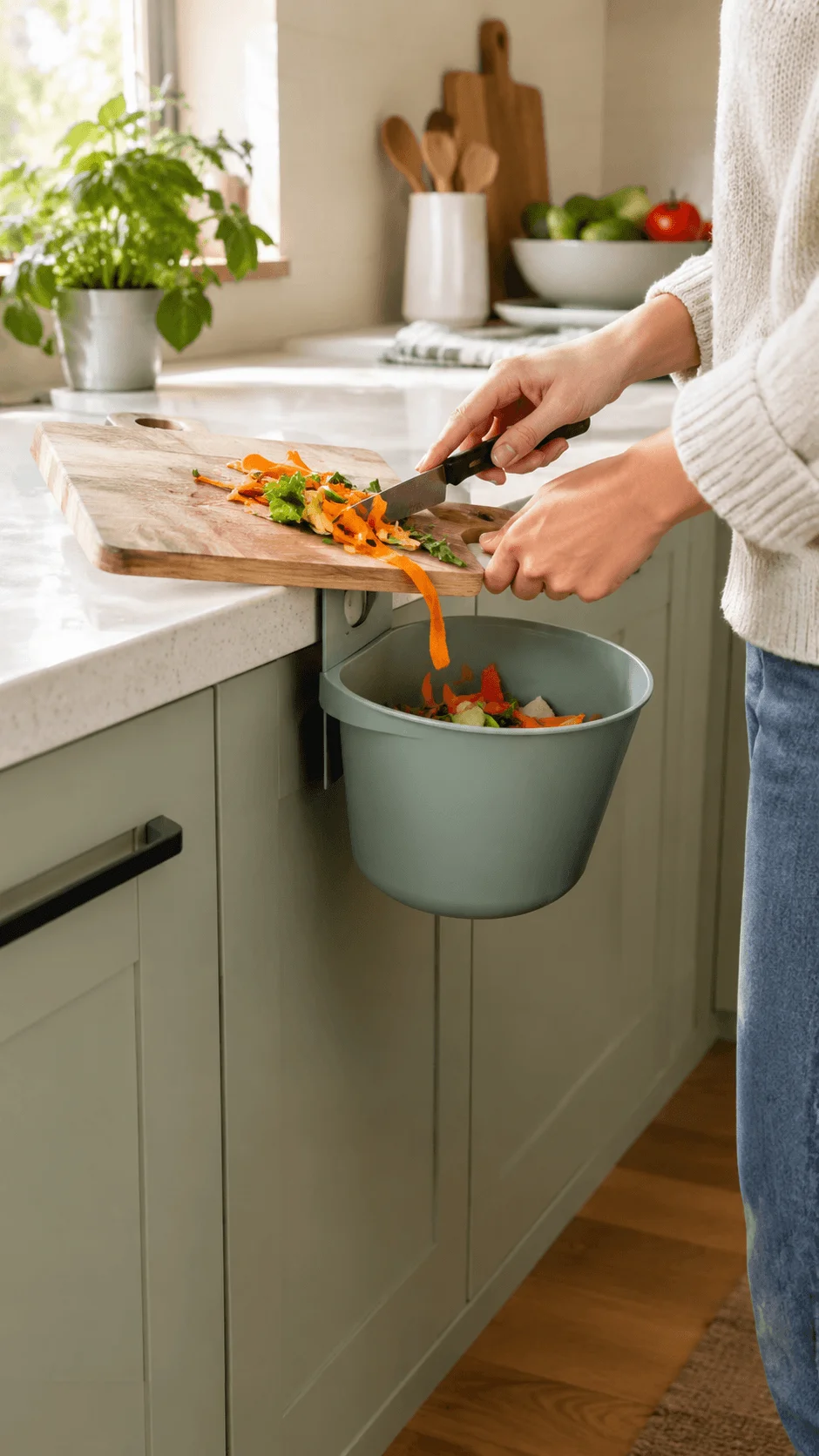 Hanging food waste bowl attached to a kitchen counter for convenient collection of vegetable scraps