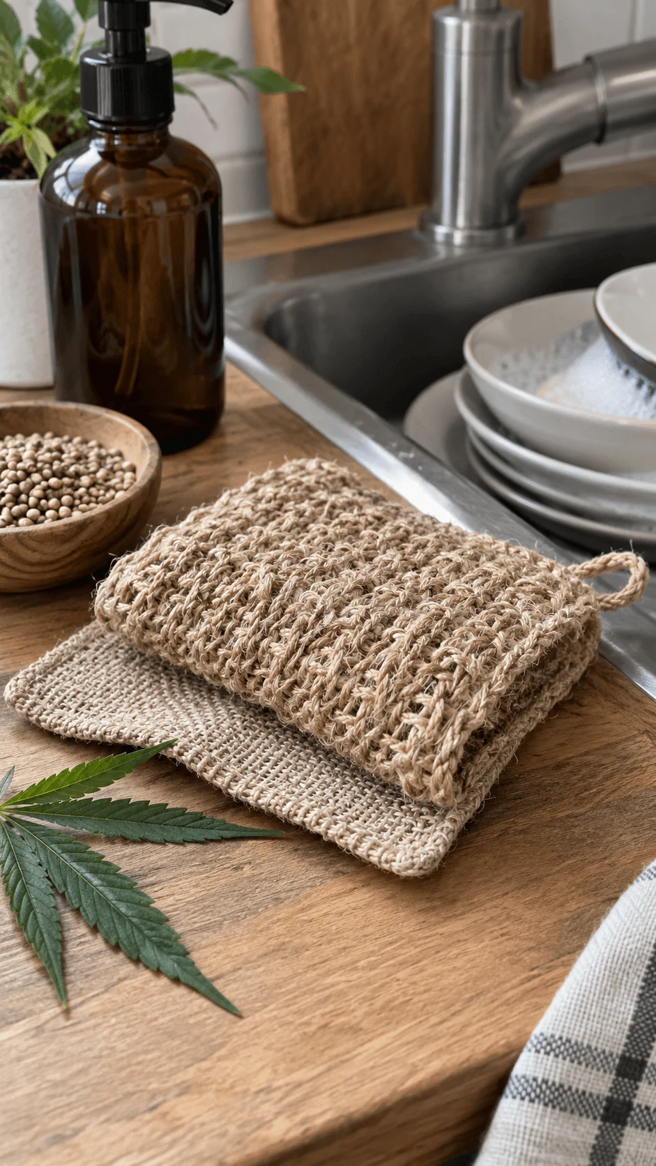 Reusable hemp dish scrubbers made from natural woven fibers beside a kitchen sink with soapy dishes and sustainable cleaning essentials.