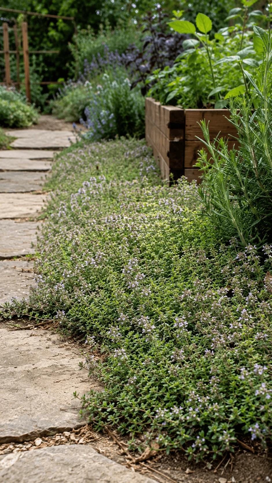 Herb based ground cover with creeping thyme and rosemary growing beside a natural stone pathway and raised garden bed