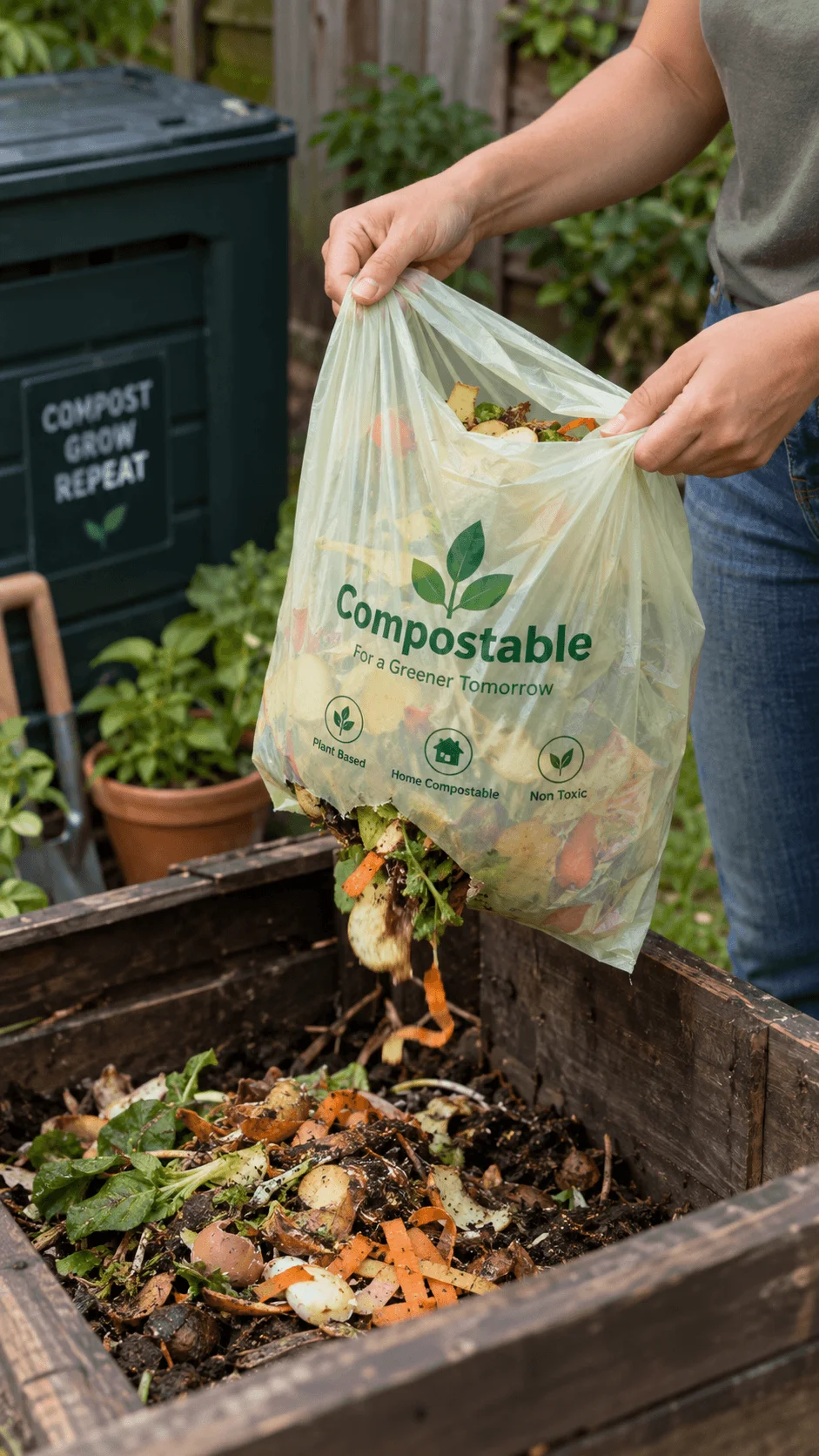 Home compostable bag filled with organic food scraps being emptied into a backyard compost bin surrounded by green plants
