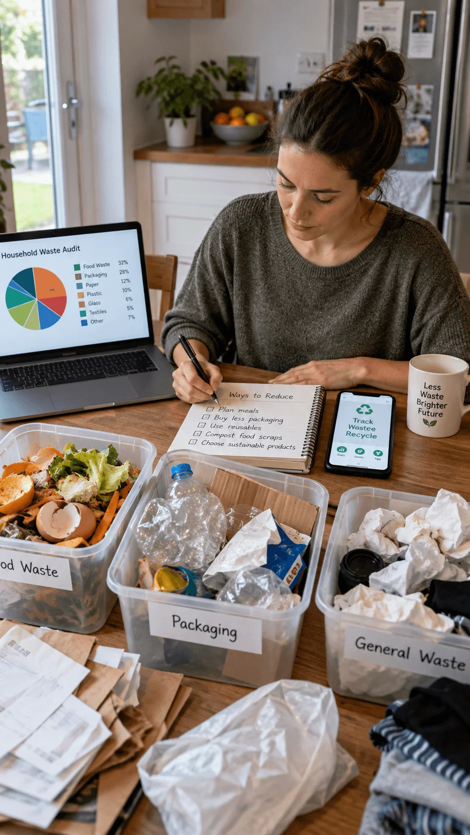 Household waste audit with food waste packaging and general waste sorted into containers while digital tracking tools and a laptop chart help identify ways to reduce household rubbish