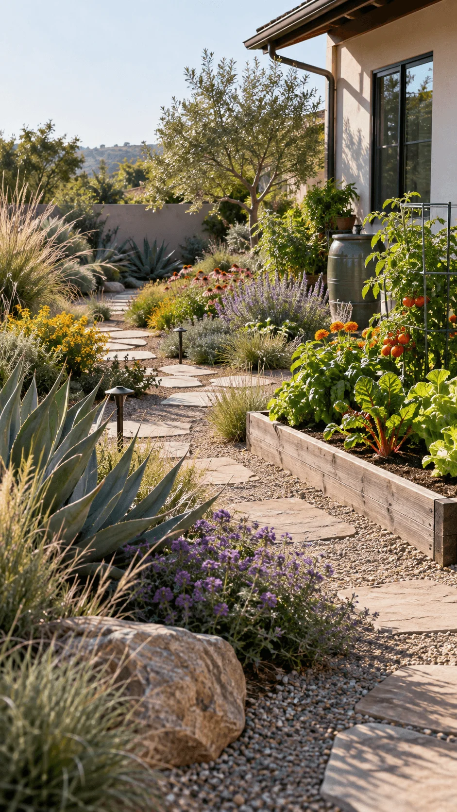 Hydrozoned water wise xeriscape garden with drought tolerant plants raised vegetable bed colorful flowers ornamental grasses agave gravel and stepping stone path