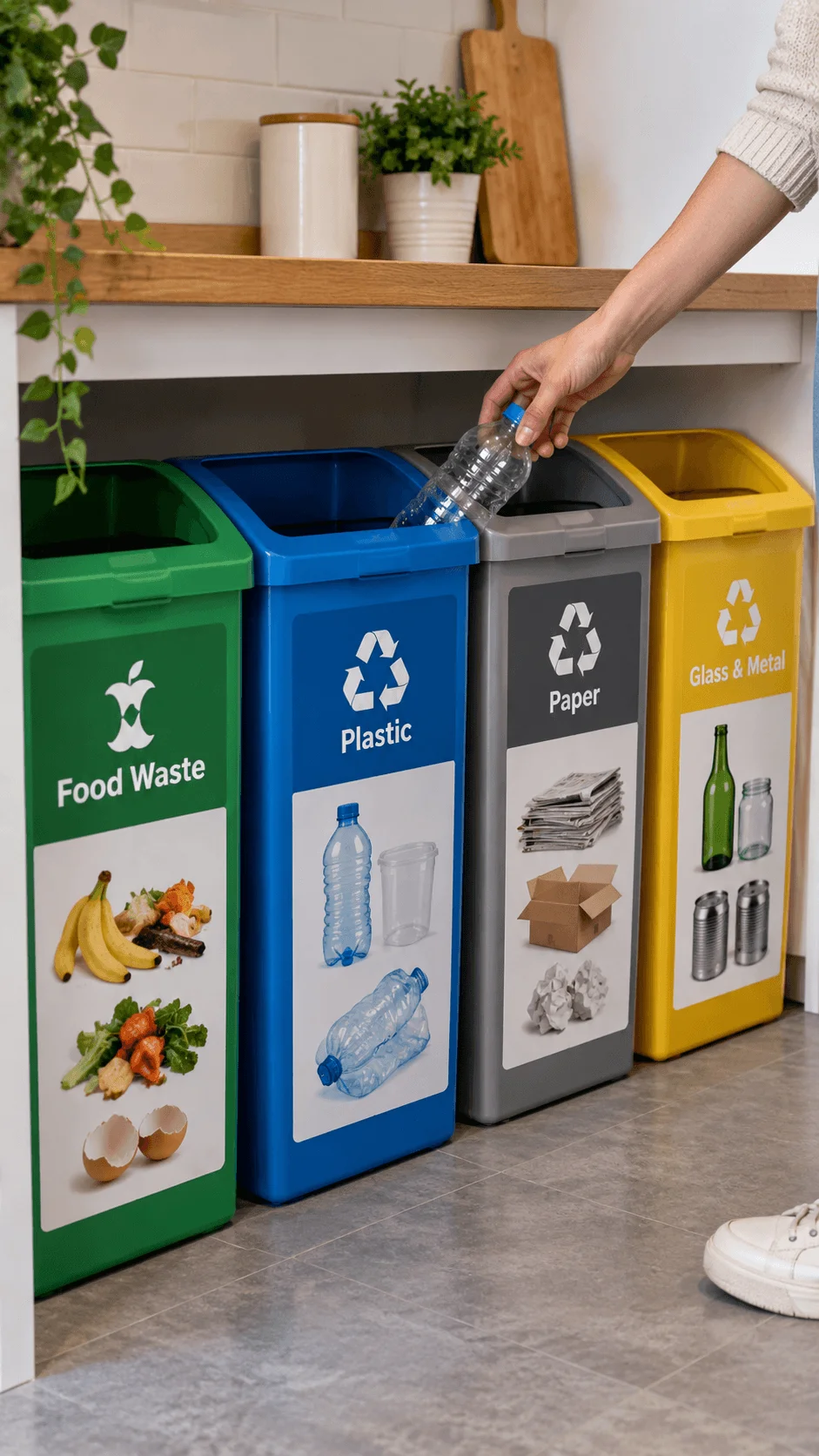 Eco friendly recycling bins with clear visual labels for food waste plastic paper glass and metal in a modern home kitchen
