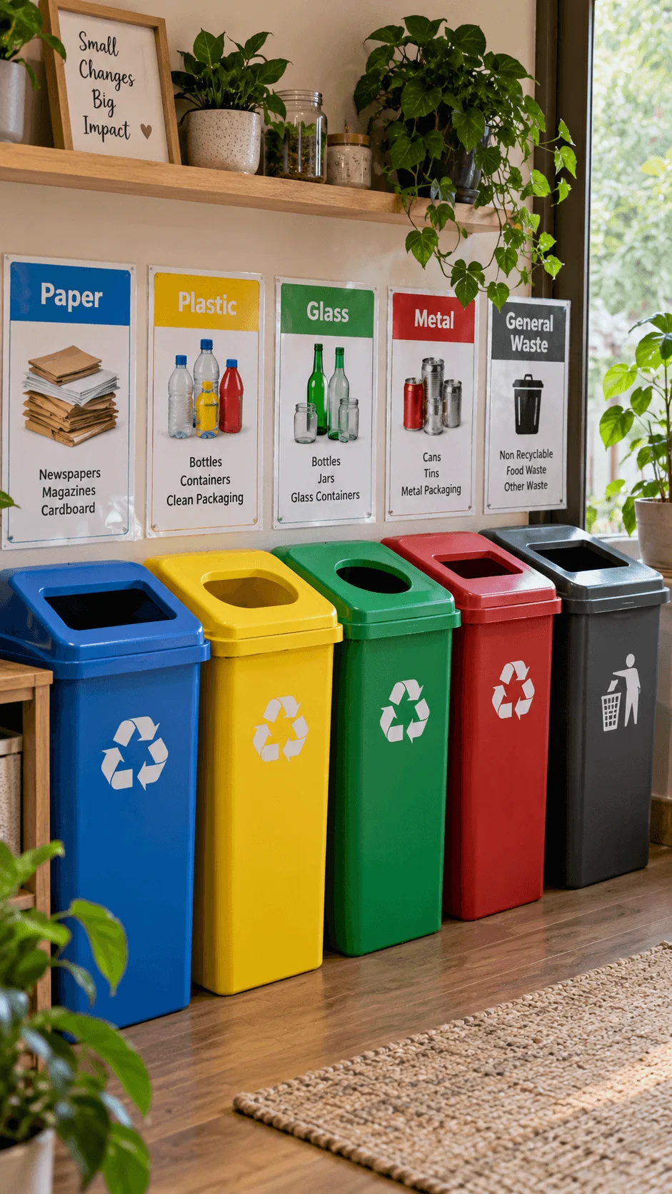 Household waste sorting station with accessible visual labels and color coded bins for paper plastic glass metal and general waste.