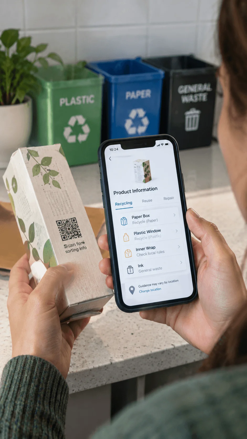 Person scanning a QR code on product packaging with a smartphone to view recycling reuse and repair instructions beside household waste sorting bins