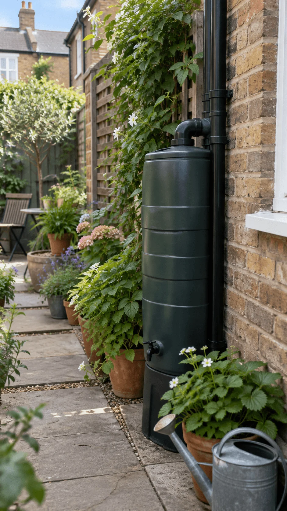 Slimline rainwater harvesting barrel beside a terraced house with climbing plants container garden paving and watering can