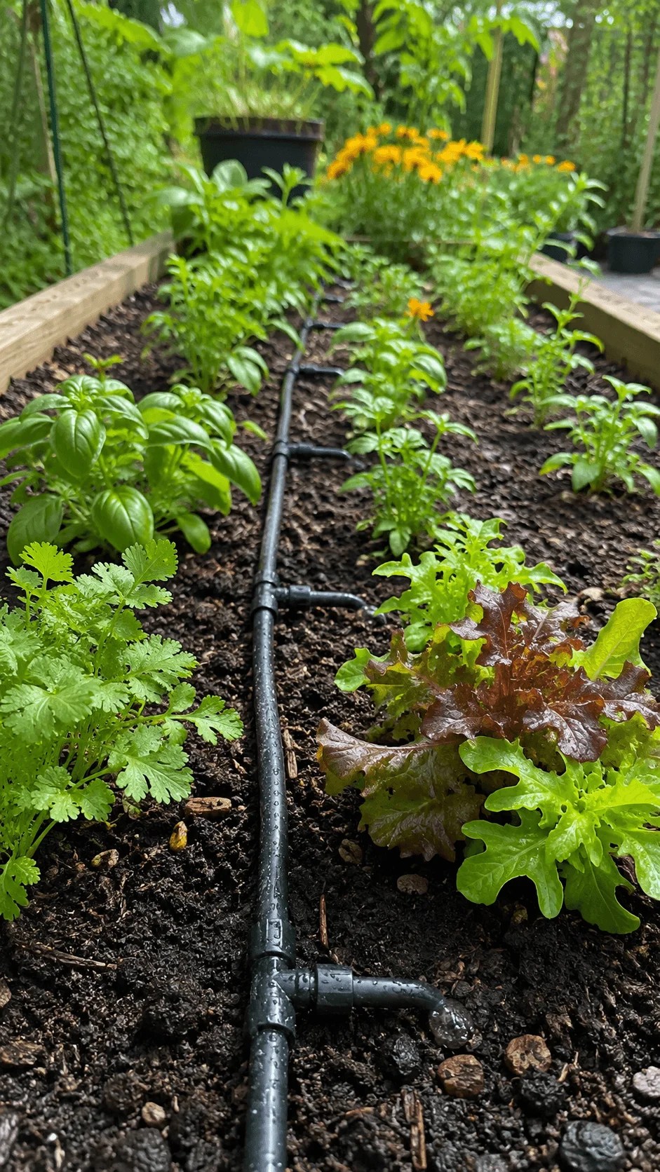 Water saving drip irrigation system watering herbs and leafy vegetables in a raised garden bed