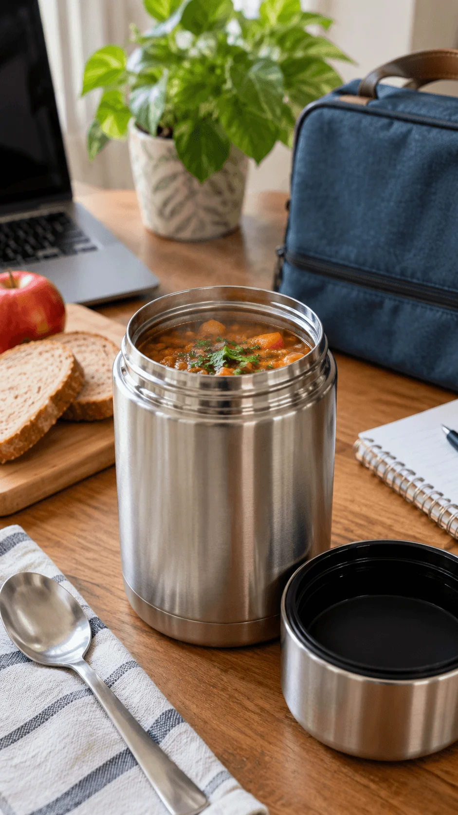 Insulated stainless steel food jar filled with warm vegetable stew beside bread an apple and reusable lunch bag for an eco friendly portable meal