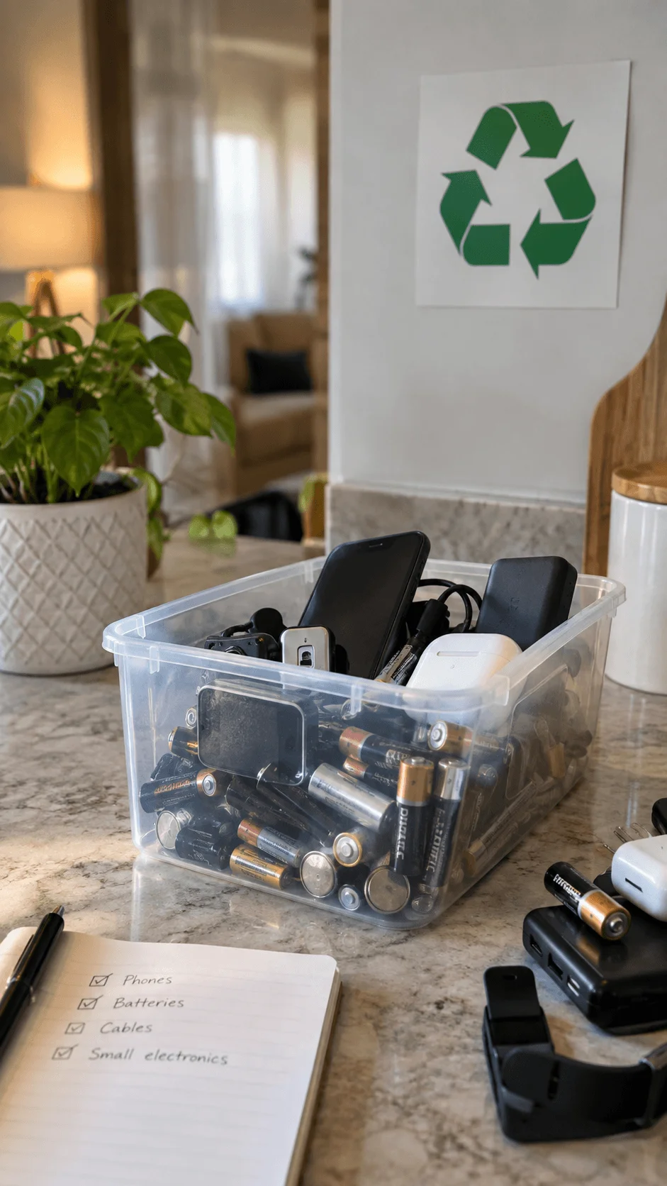 Household collection box filled with used batteries phones cables and small electronic devices kept separate for safe recycling and responsible waste handling