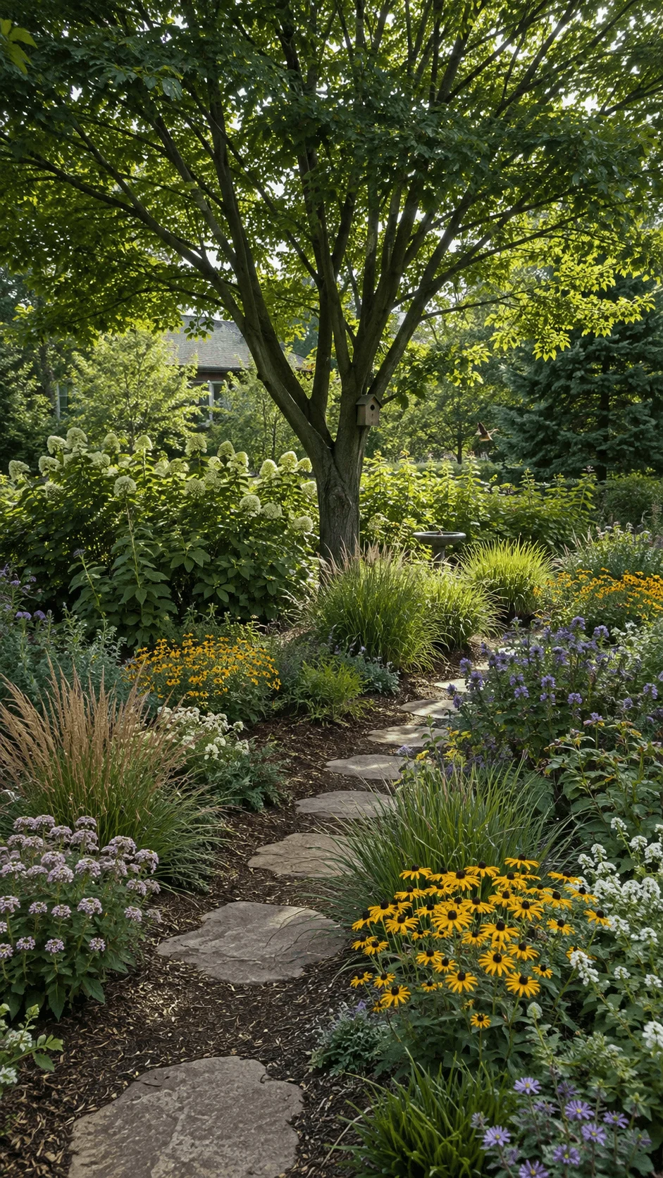 Keystone native plant garden with a mature shade tree, colorful native wildflowers, ornamental grasses, stepping stone path, birdhouse, and birdbath surrounded by lush greenery