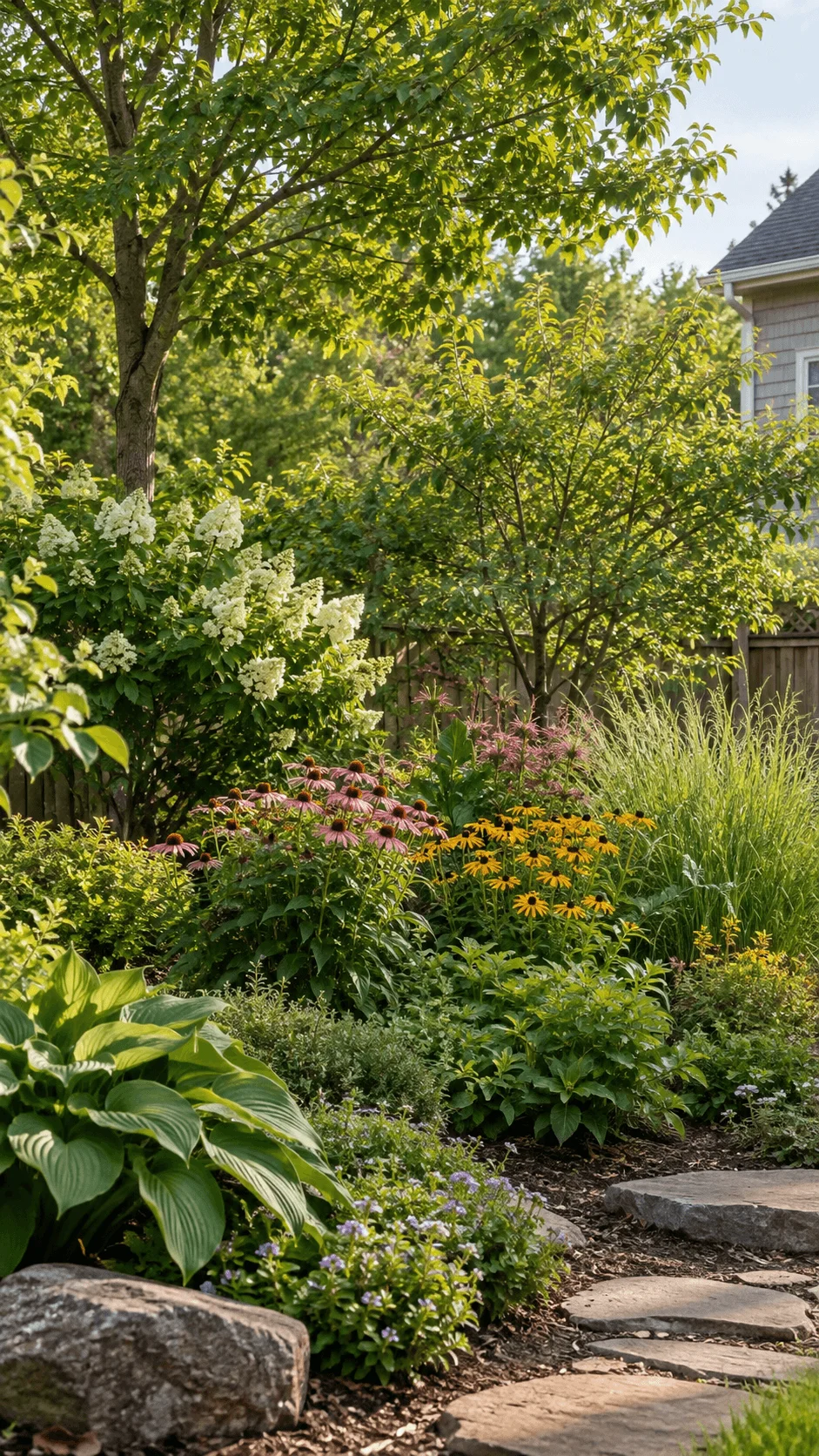 Layered native plant garden with mature trees, flowering shrubs, colorful wildflowers, ornamental grasses, groundcover plants, and a natural stone path for wildlife habitat