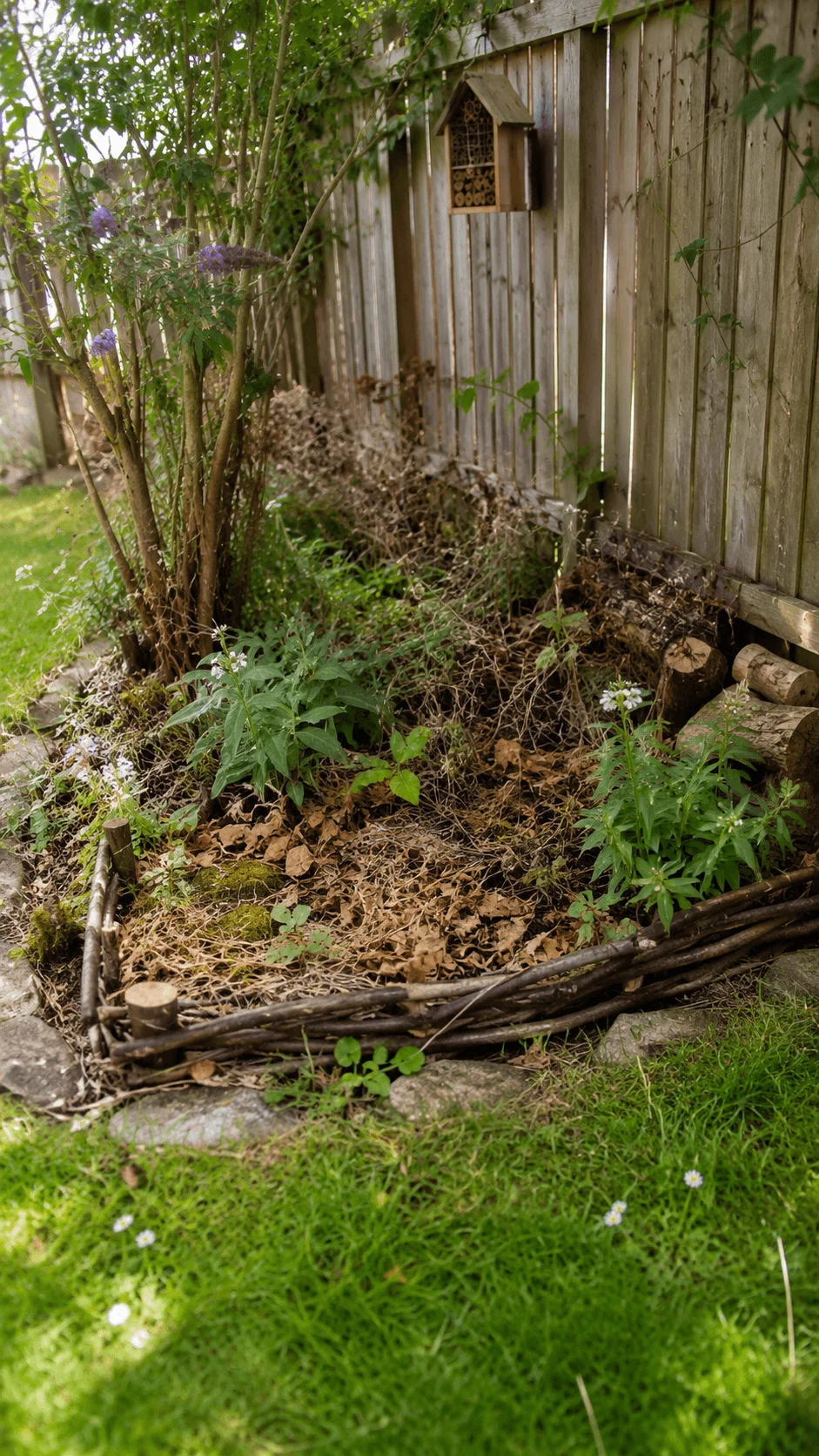 Small wild corner for wildlife with natural logs fallen leaves native plants wildflowers and an insect hotel beside a wooden garden fence