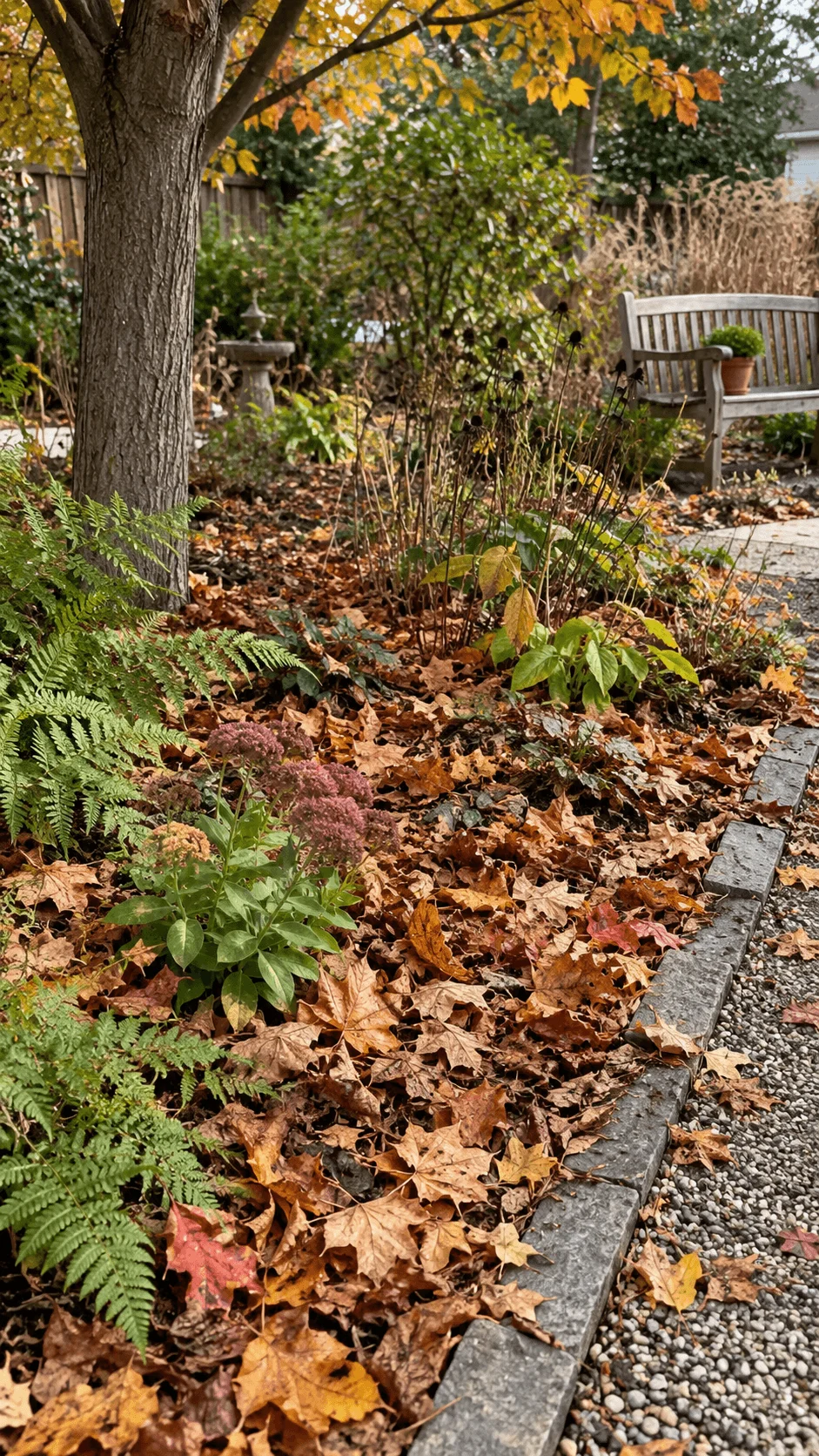 Leave the leaves native garden with fallen autumn leaves, native plants, ferns, mature trees, a gravel path, birdbath, and wooden garden bench