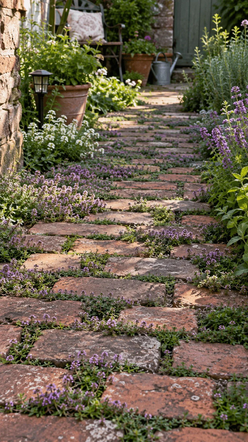 living brick path with creeping thyme