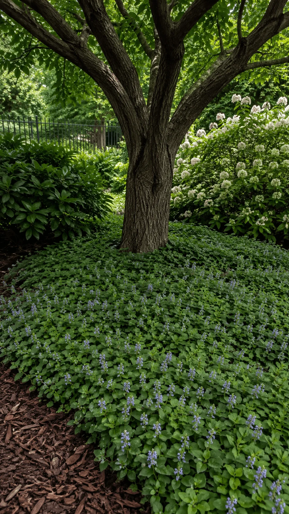Living mulch ground cover with small blue flowers growing beneath a mature shade tree surrounded by lush shrubs and greenery