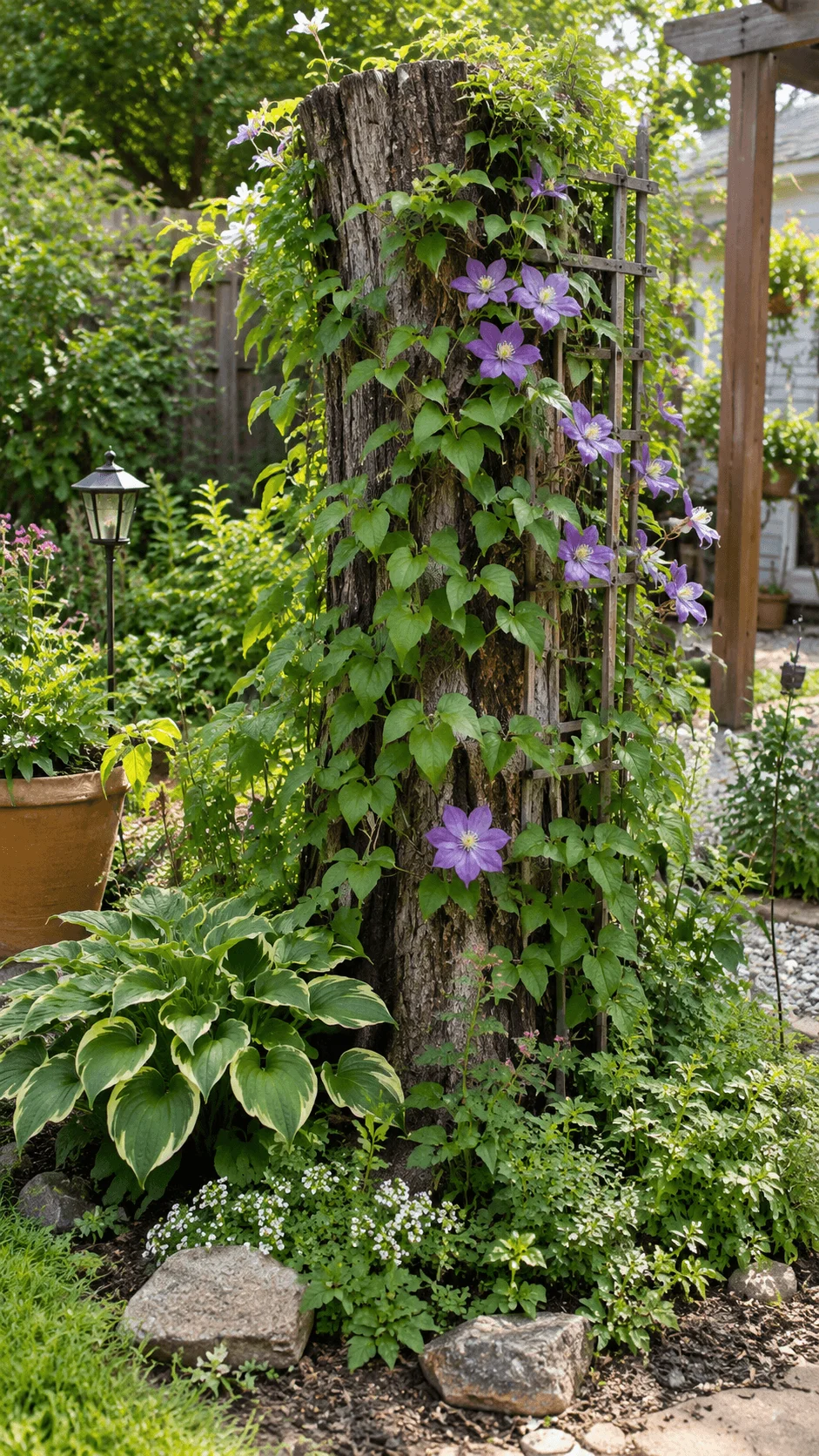 Living tree stump trellis covered with green climbing vines and purple flowers surrounded by hostas ground cover plants and natural garden stones